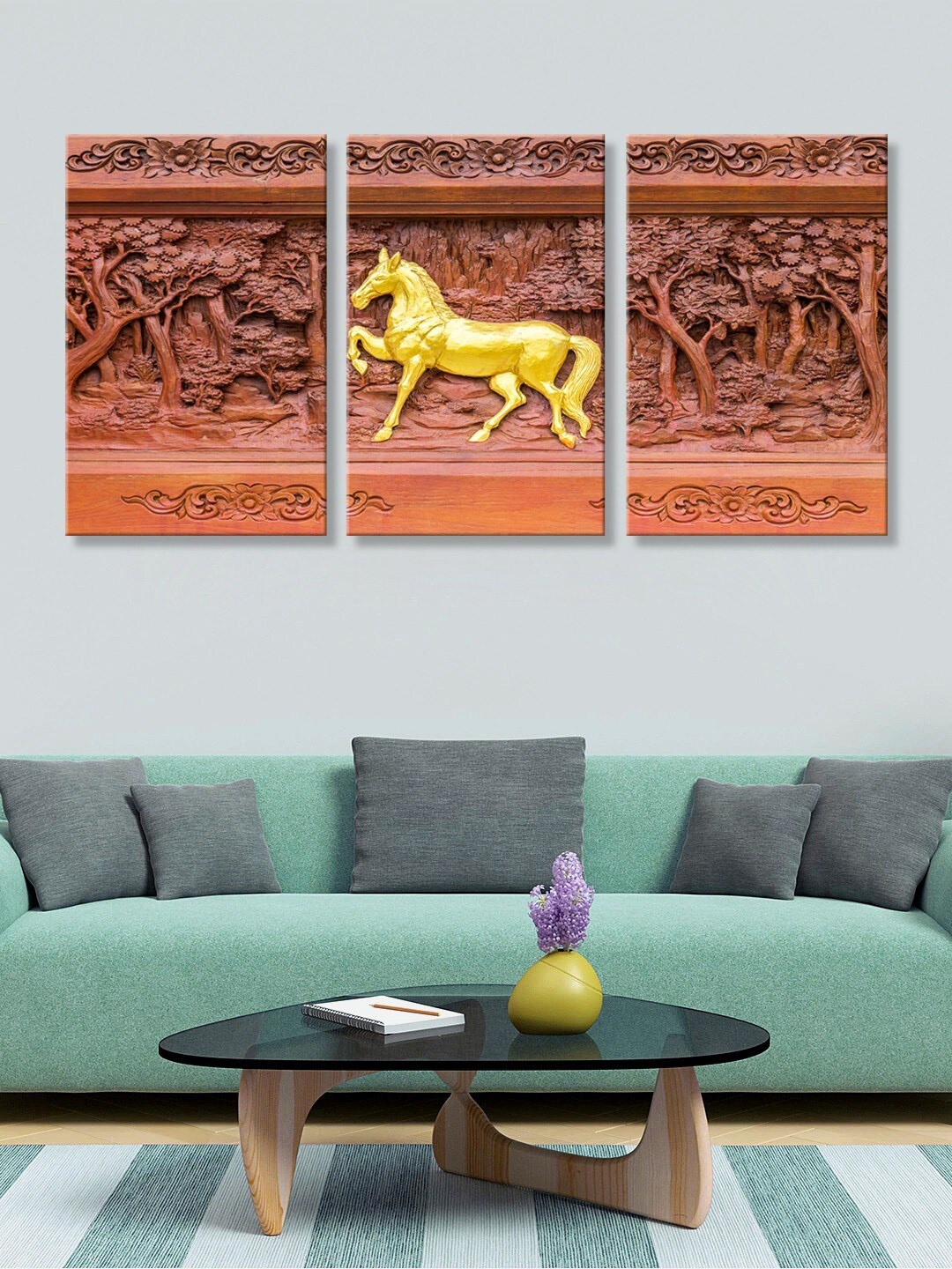 

999Store Set of 3 Brown & Gold-Toned Horse & Trees HD Canvas Wall Paintings
