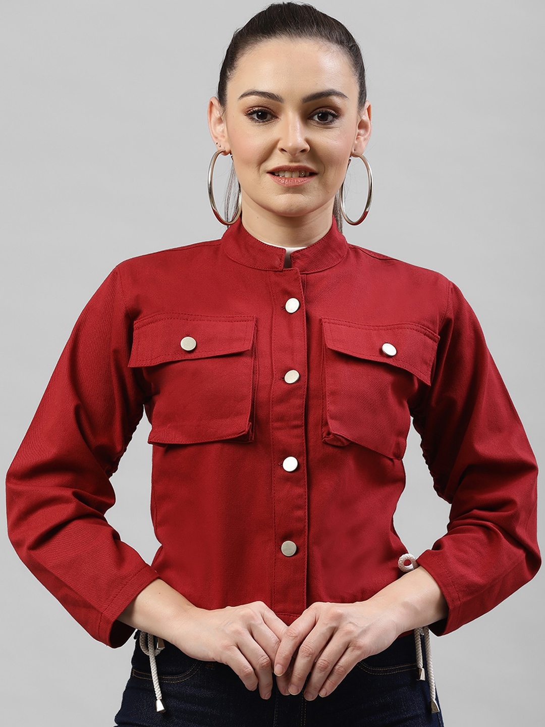 

KASSUALLY Women Maroon Solid Tailored Crop Jacket