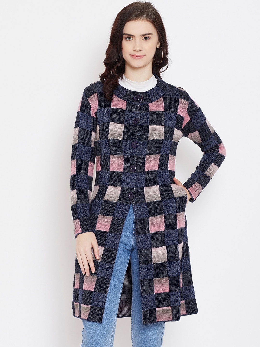 

Zigo Women Navy Blue & Pink Checked Cardigan Sweater