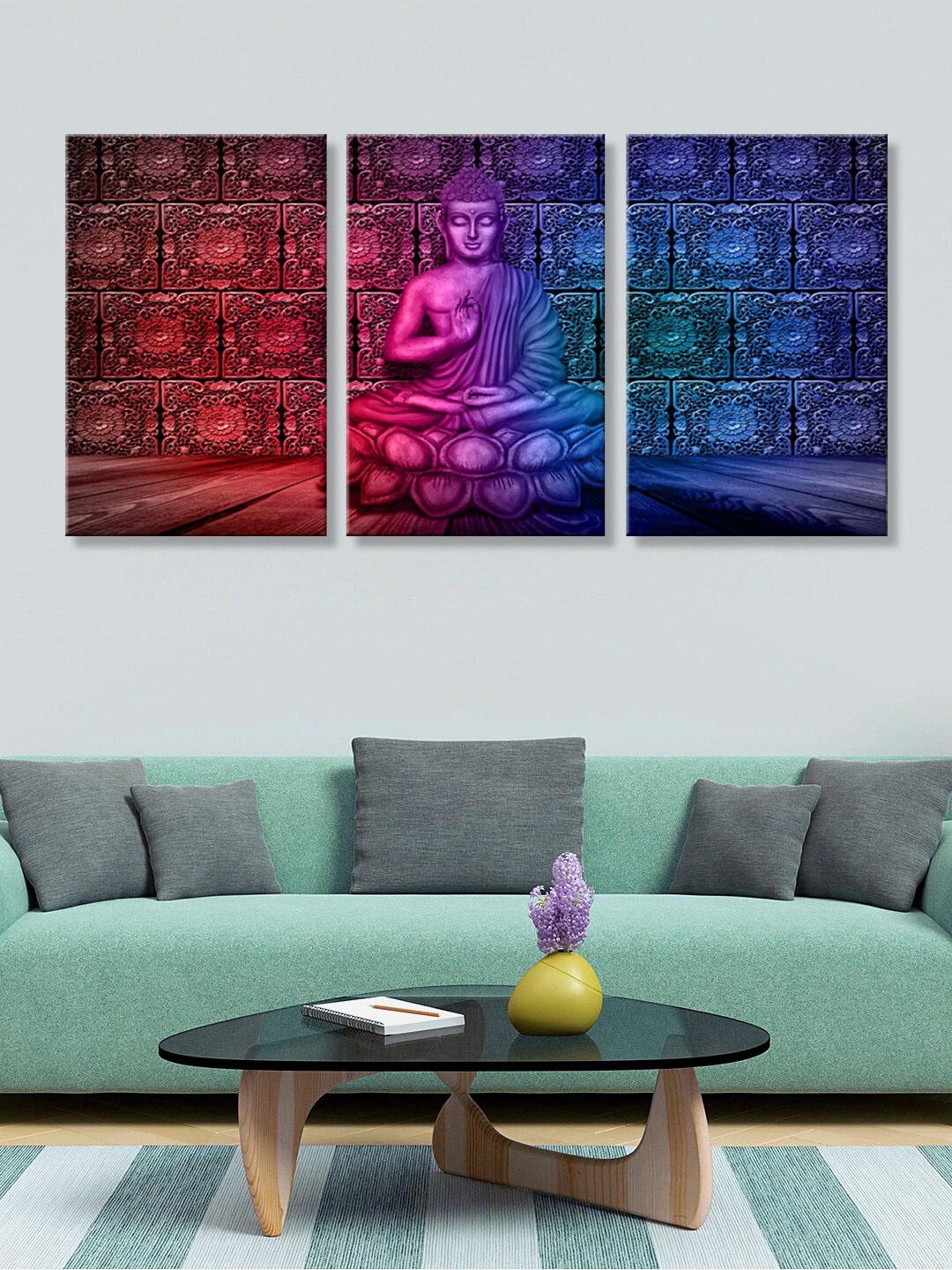 999Store Set of 3 Blue & Pink Lord Buddha Art Panels Painting Wall Art