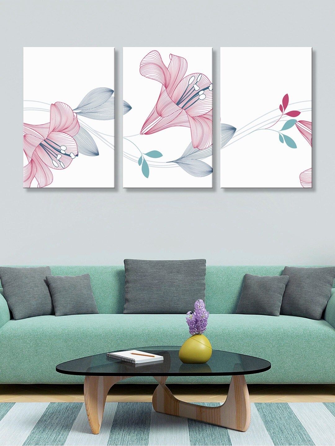 

999Store Set Of 3 White & Pink Printed Hibiscus Flowers Canvas Wall Painting