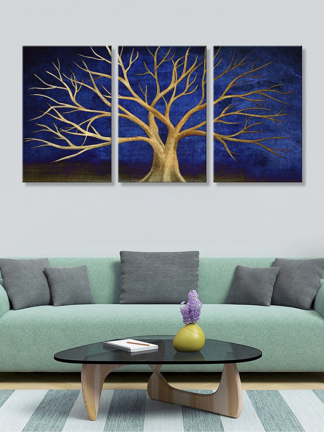 

999Store Set of 3 Blue & Gold-Coloured Tree Art Panels Painting Wall Art