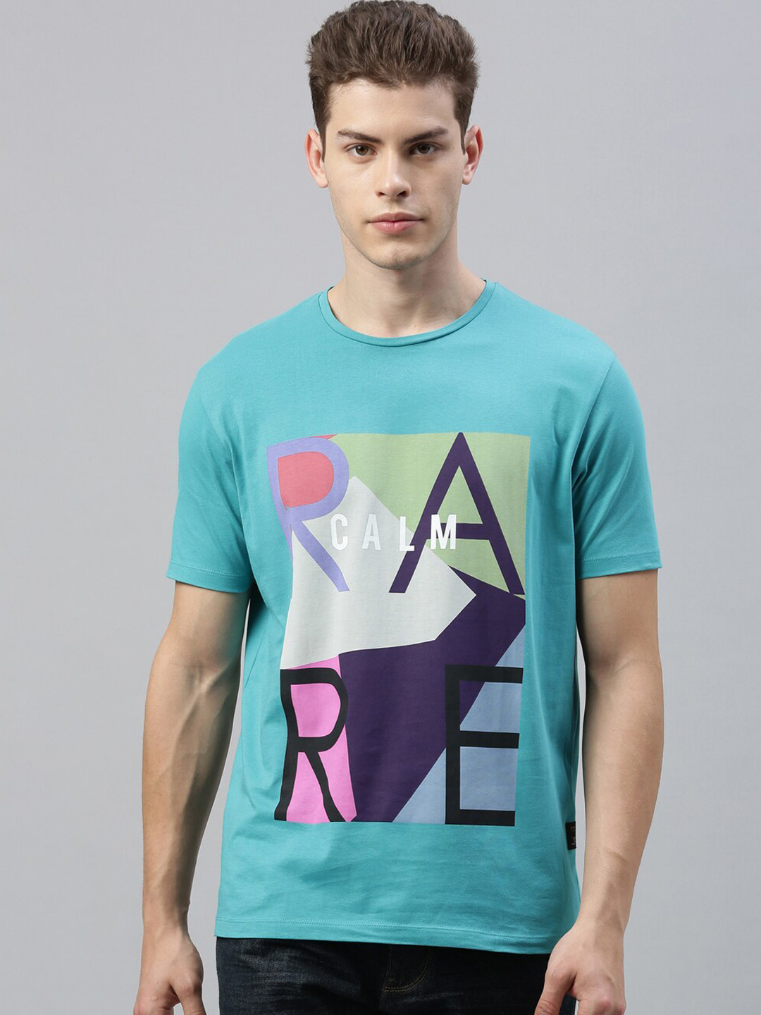 

RARE RABBIT Men Teal Printed Round Neck T-shirt