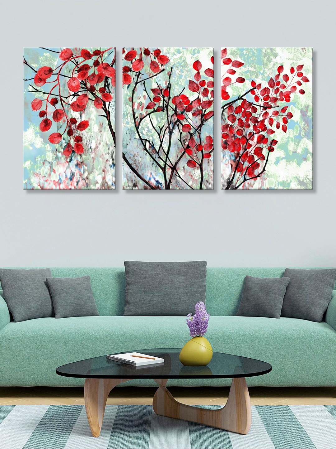 999Store Set Of 3 Red & Blue Trees Printed Canvas Paintings