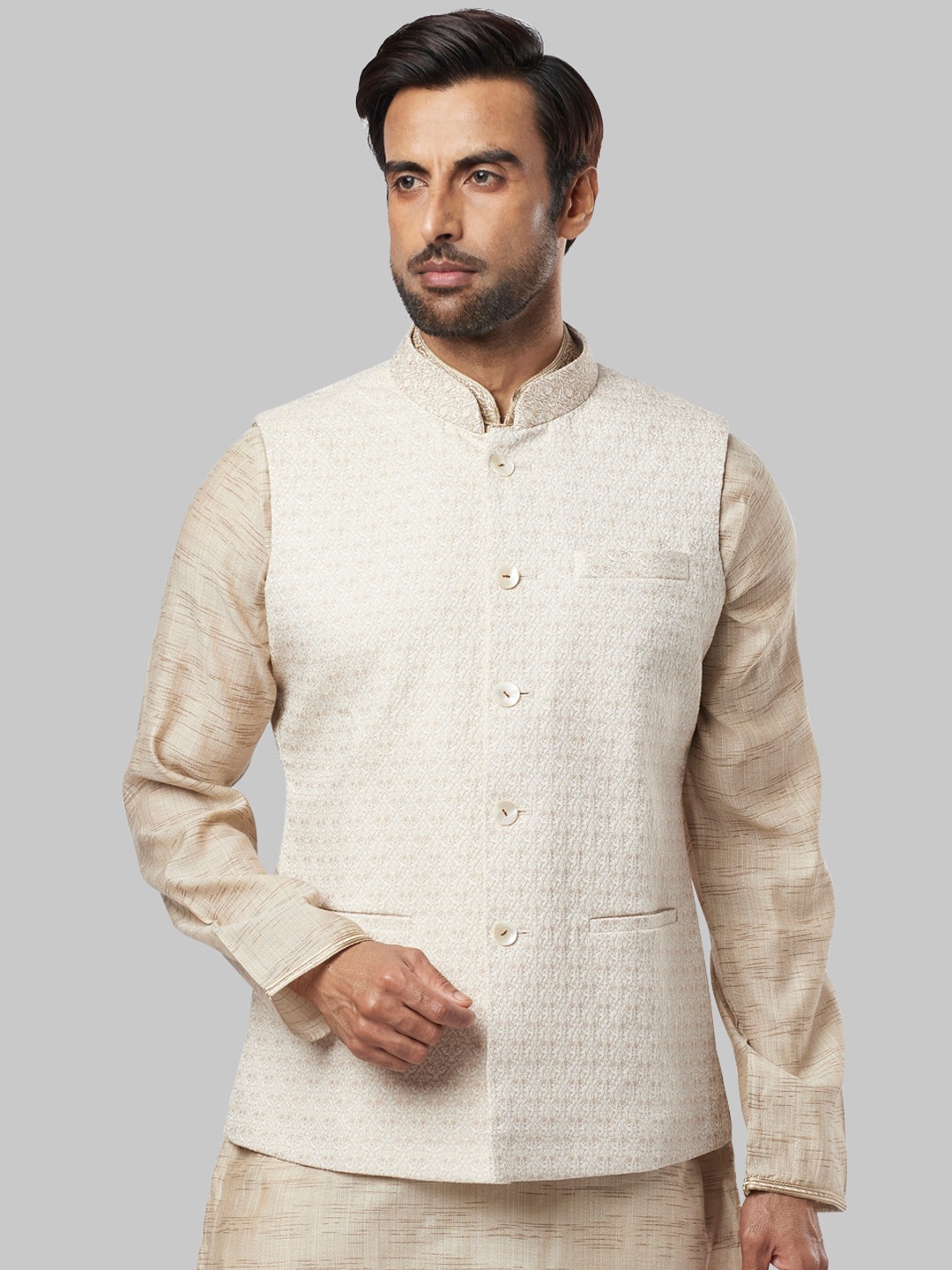 

Ethnix by Raymond Men Beige Woven Design Nehru Jacket