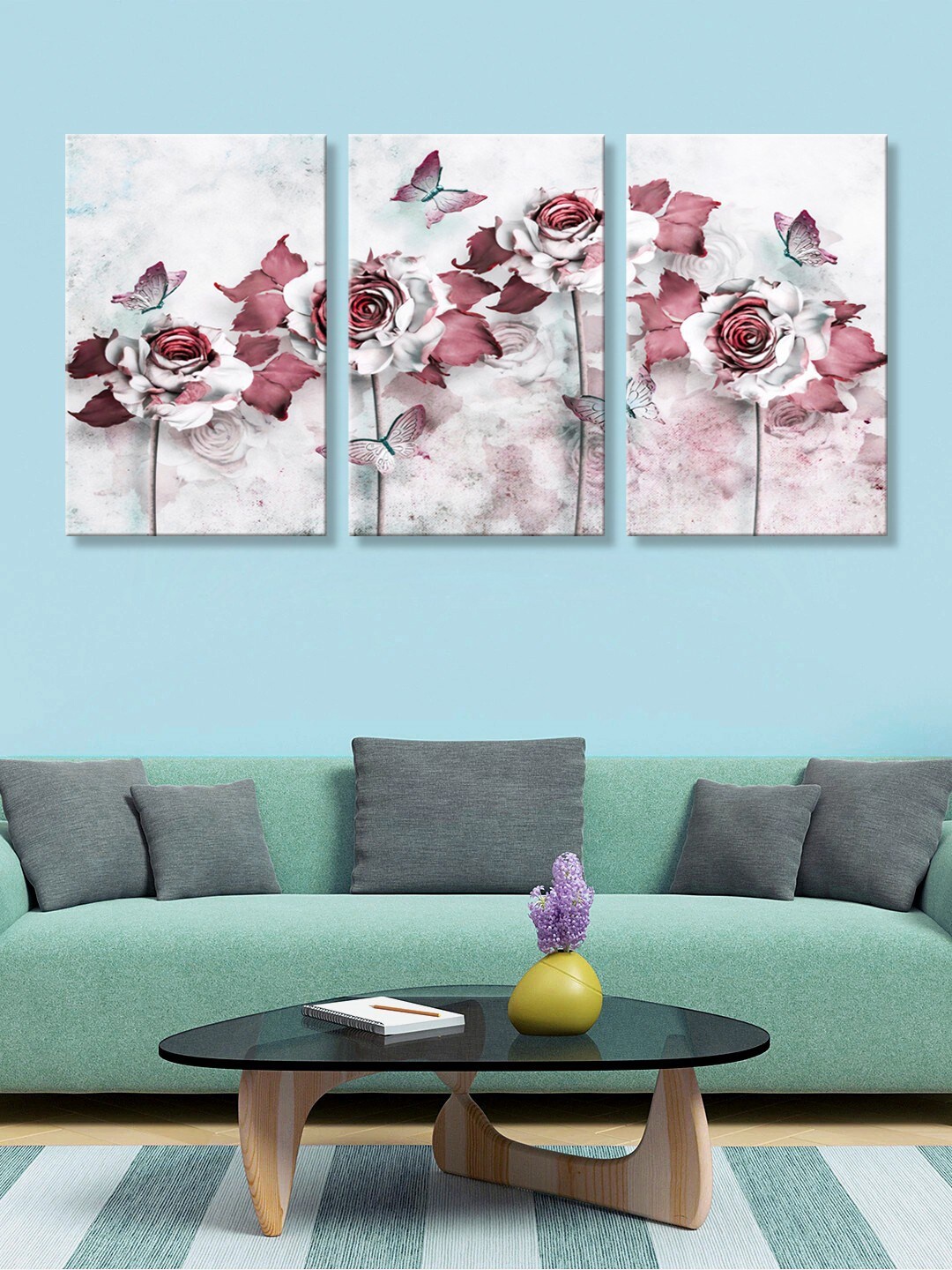 

999Store Set Of 3 Off-White & Red Roses Printed Canvas Paintings