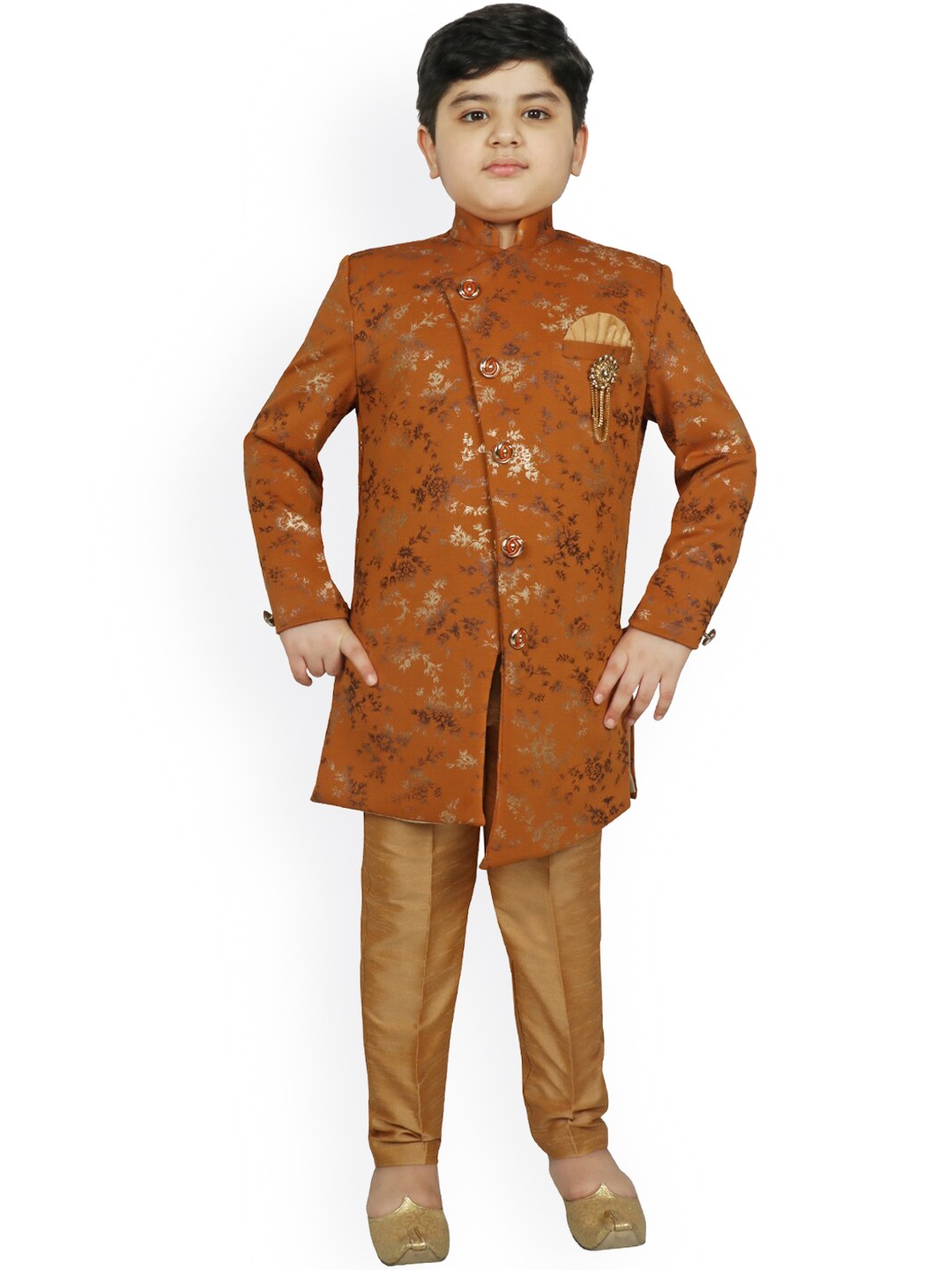

SG YUVRAJ Boys Rust Orange & Brown Woven Design Raw Silk Sherwani Set