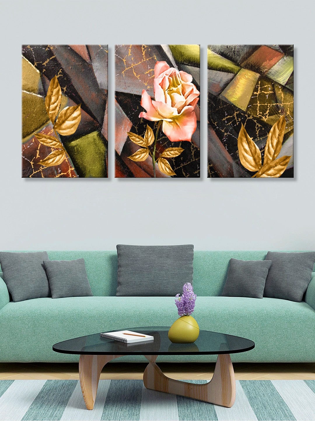999Store Set of 3 Multicoloured Abstract Floral Canvas Painting Wall Art, Multi