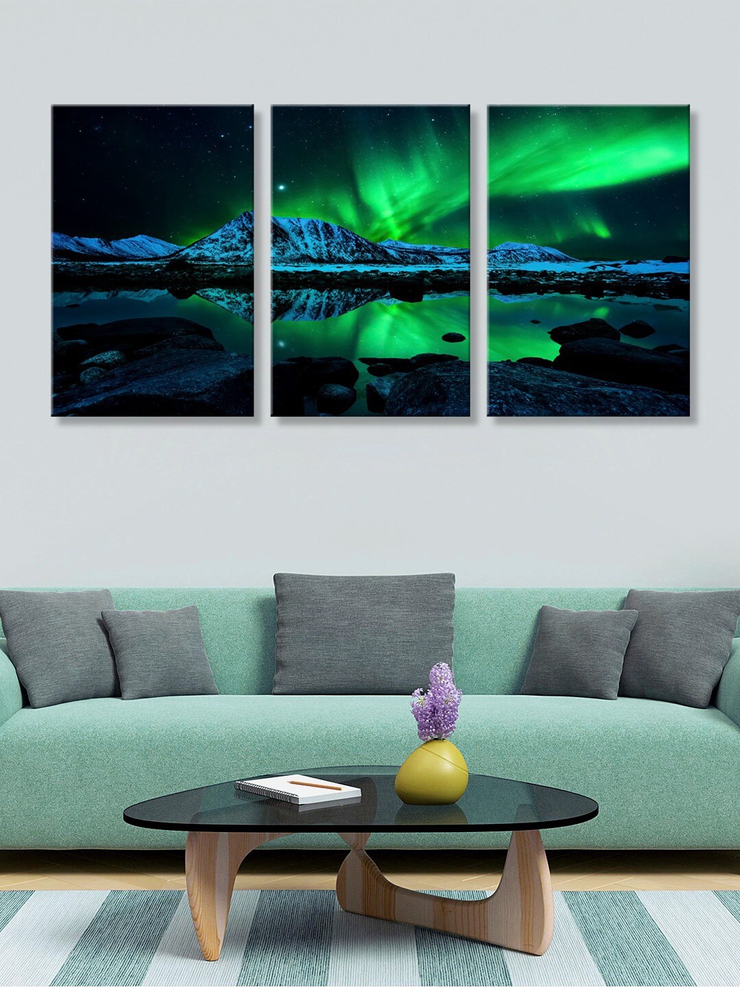 

999Store Set Of 3 Green & Black Beautiful Mountains Canvas Wall Painting