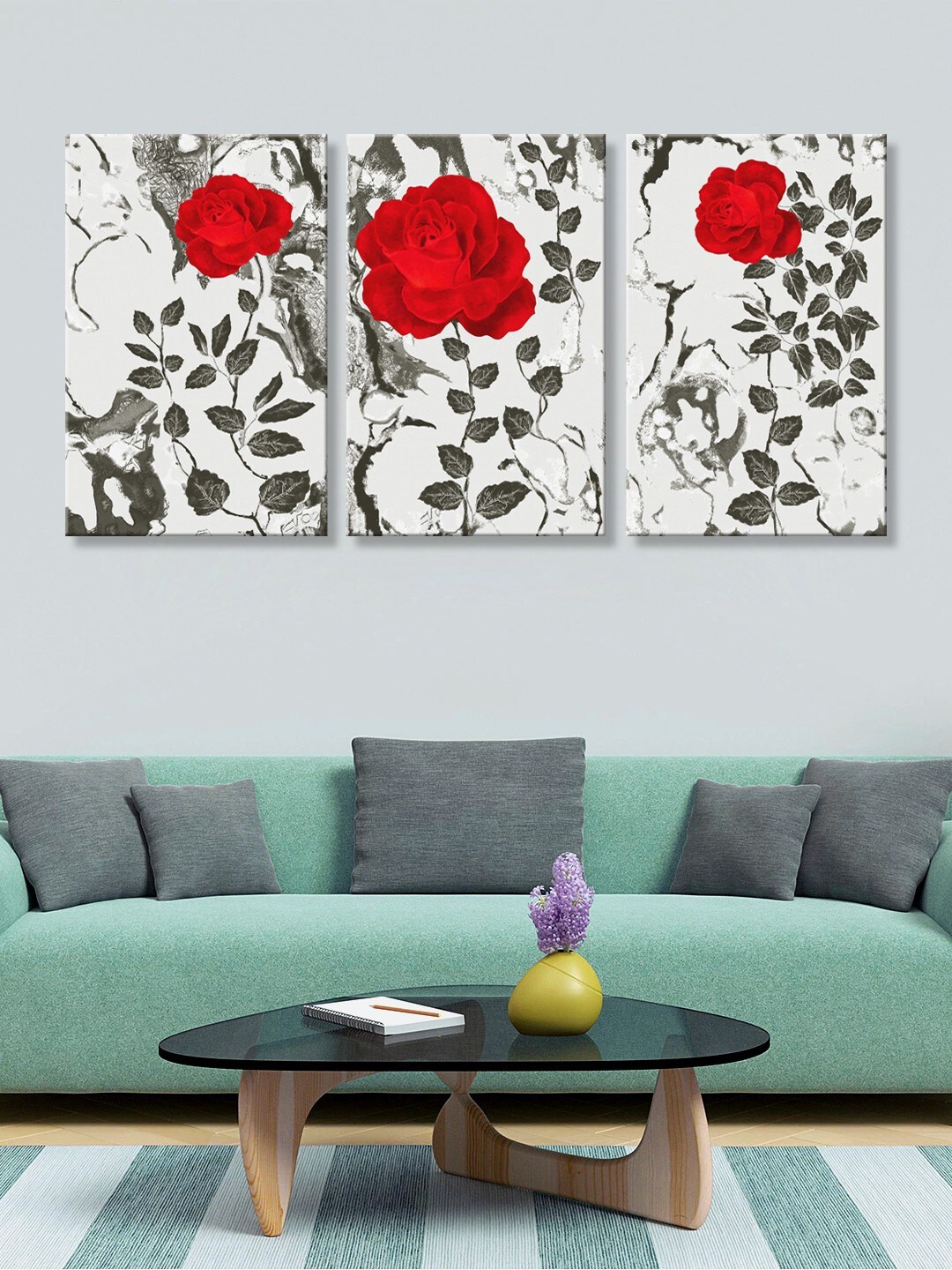 

999Store Set of 3 Charcoal Grey & Off-White Floral Canvas Wall Art