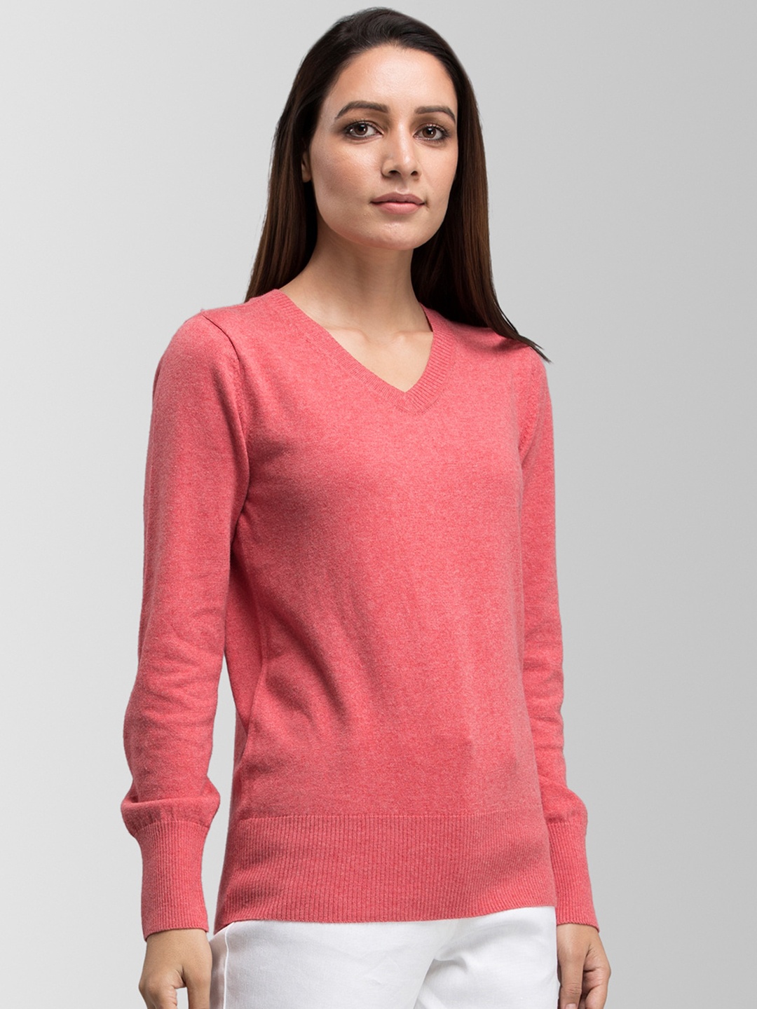 

FableStreet Women Peach-Coloured Solid Pullover Sweater
