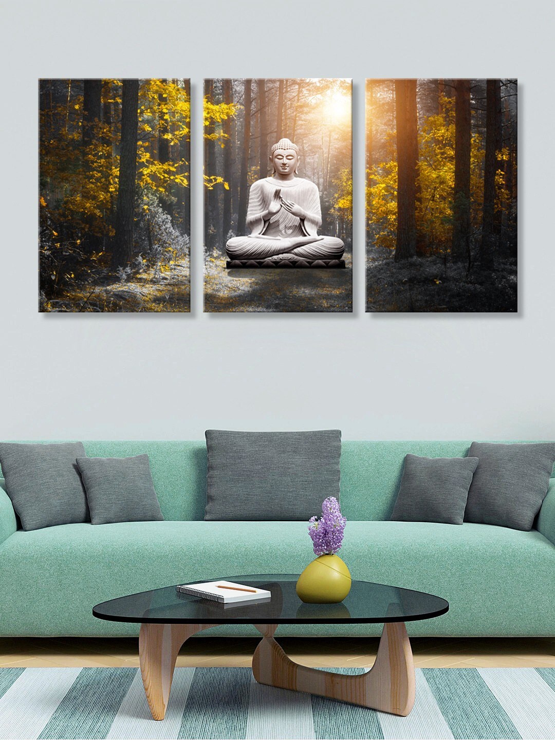 

999Store Set of 3 Brown & White Lord Buddha with Trees HD Canvas Wall Paintings