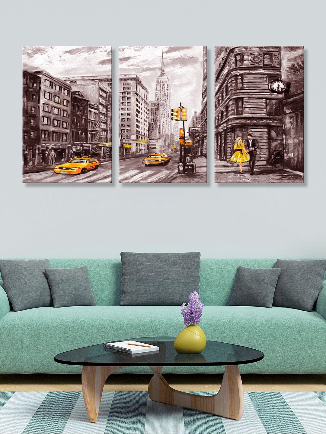 

999Store Set of 3 Grey & Yellow Street View of Paris & Couple HD Canvas Wall Paintings