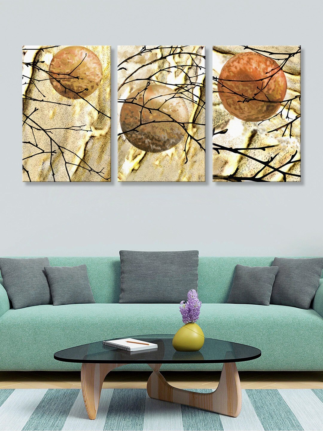 

999Store Set Of 3 Gold & Brown Printed Wall Canvas Painting