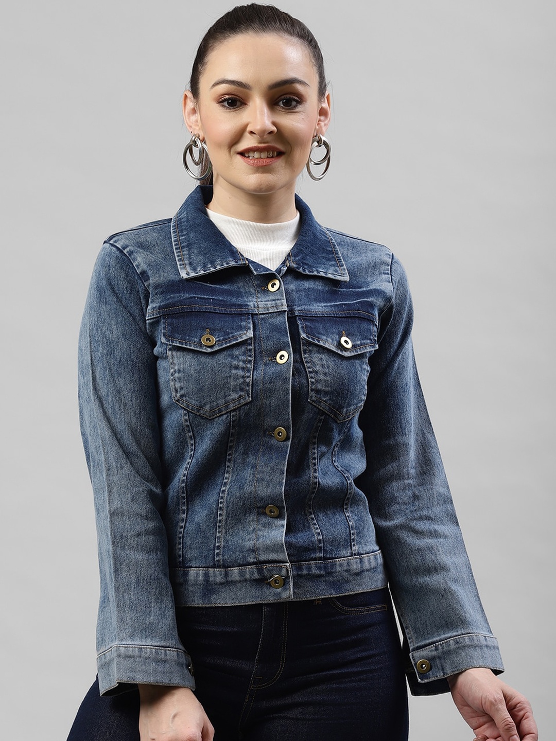 

KASSUALLY Women Blue Solid Denim Jacket