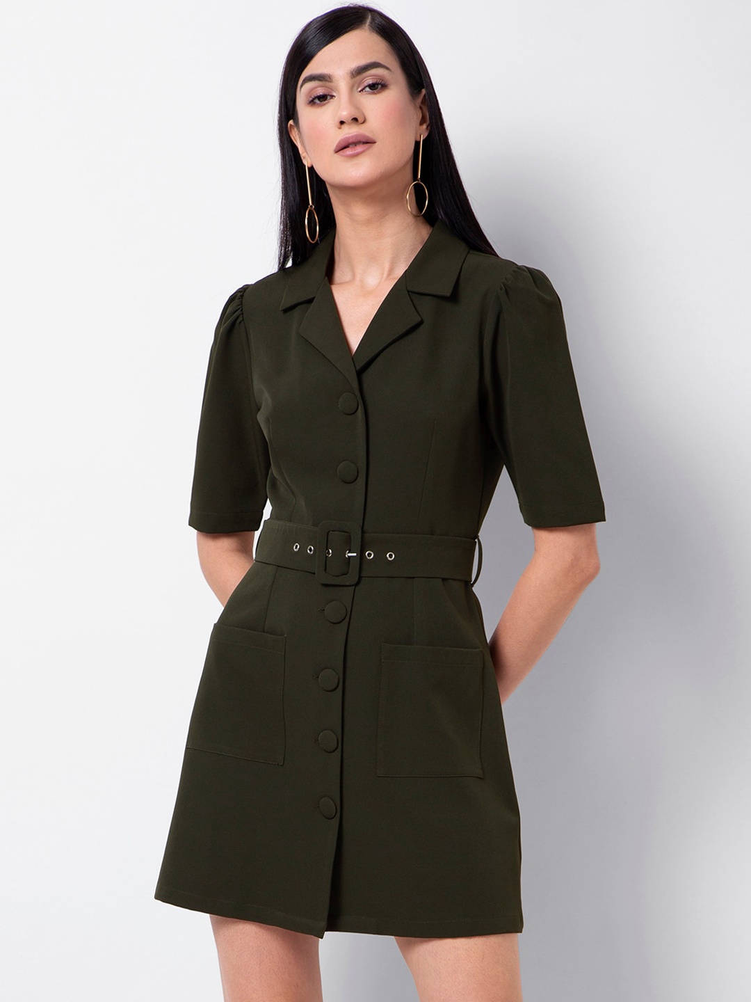

FabAlley Women Green Solid Shirt Dress