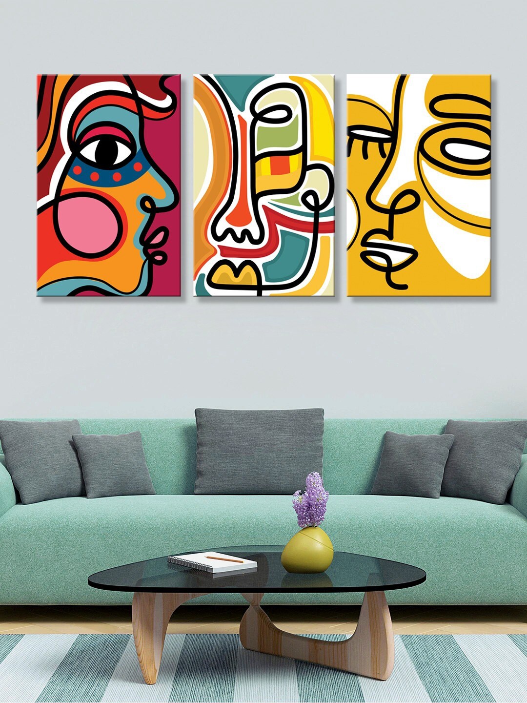 

999Store Set of 3 Multicoloured Abstract Face Canvas Painting Wall Art, Multi