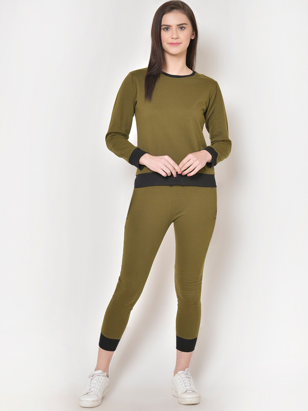 

American-Elm Women Olive Green Solid Slim Fit Track Suit
