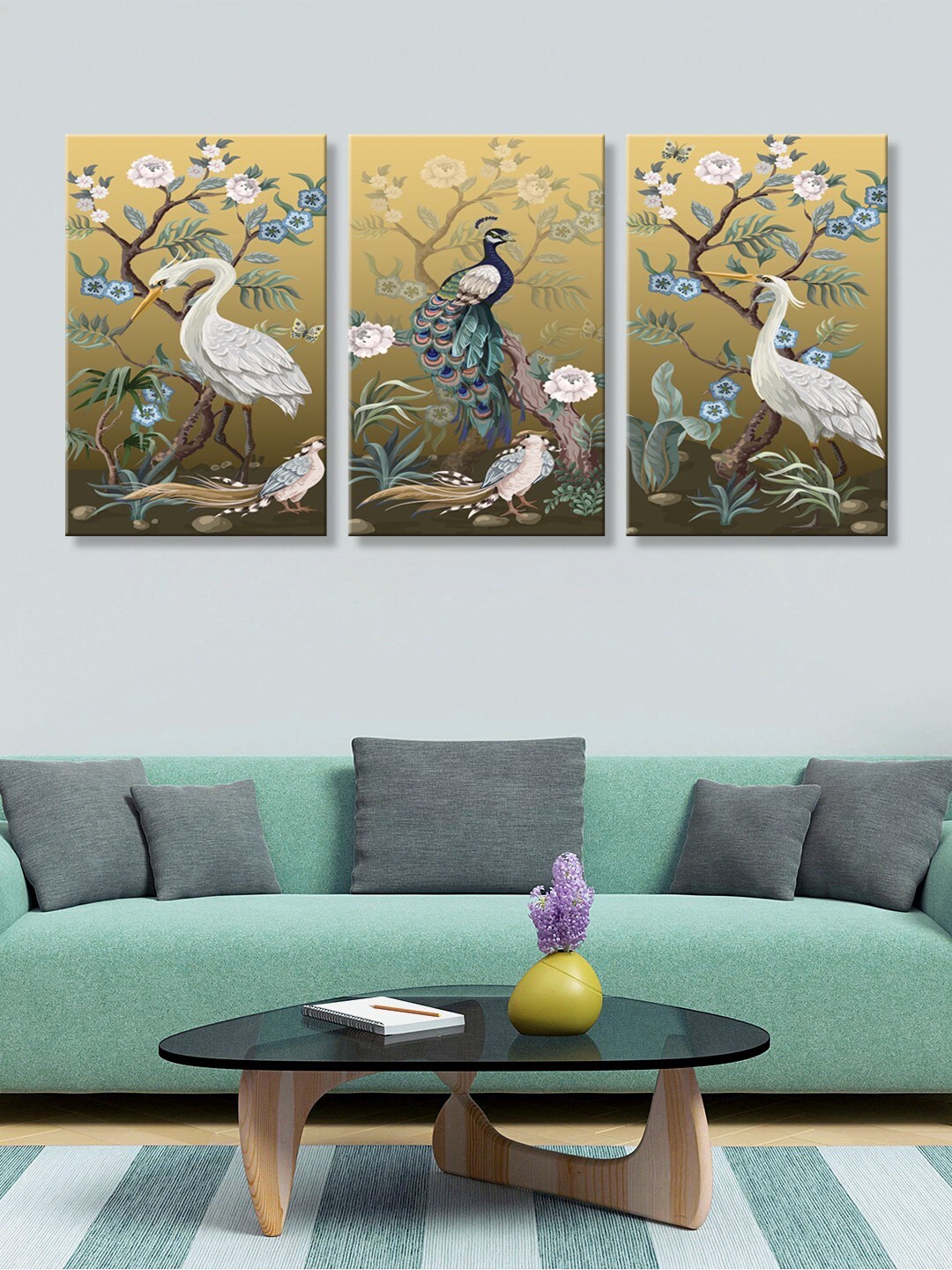 

999Store Set of 3 Brown & Off-White Flamingo and Peacock with Trees Canvas Painting Wall Art
