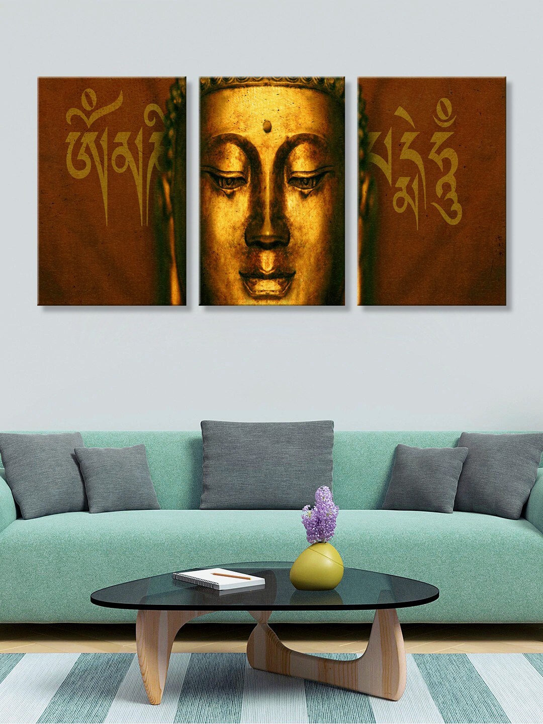 

999Store Set Of 3 Brown & Yellow Buddha Face Canvas Wall Painting
