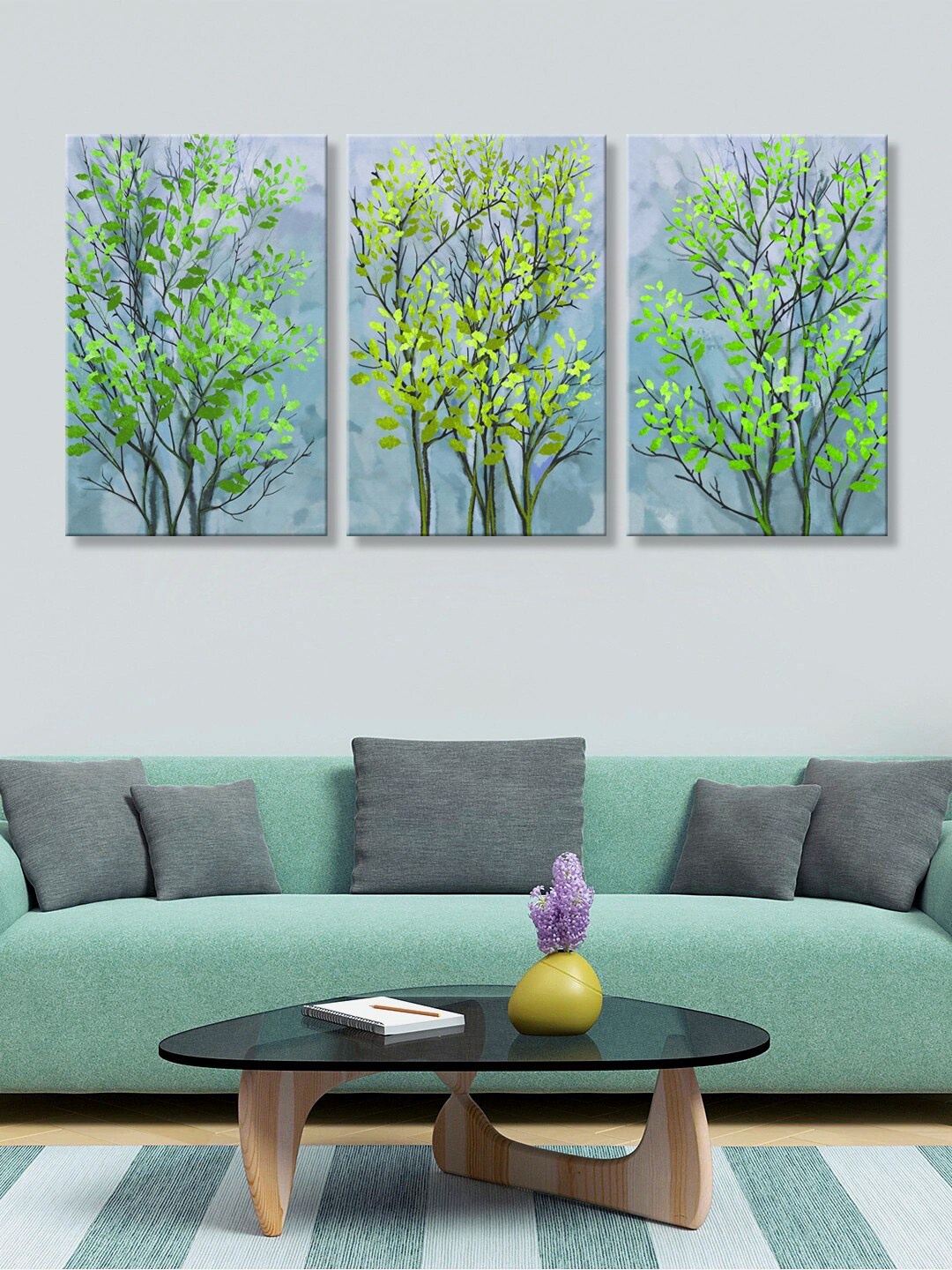 

999Store Set of 3 Grey & Green Tree Canvas Wall Art