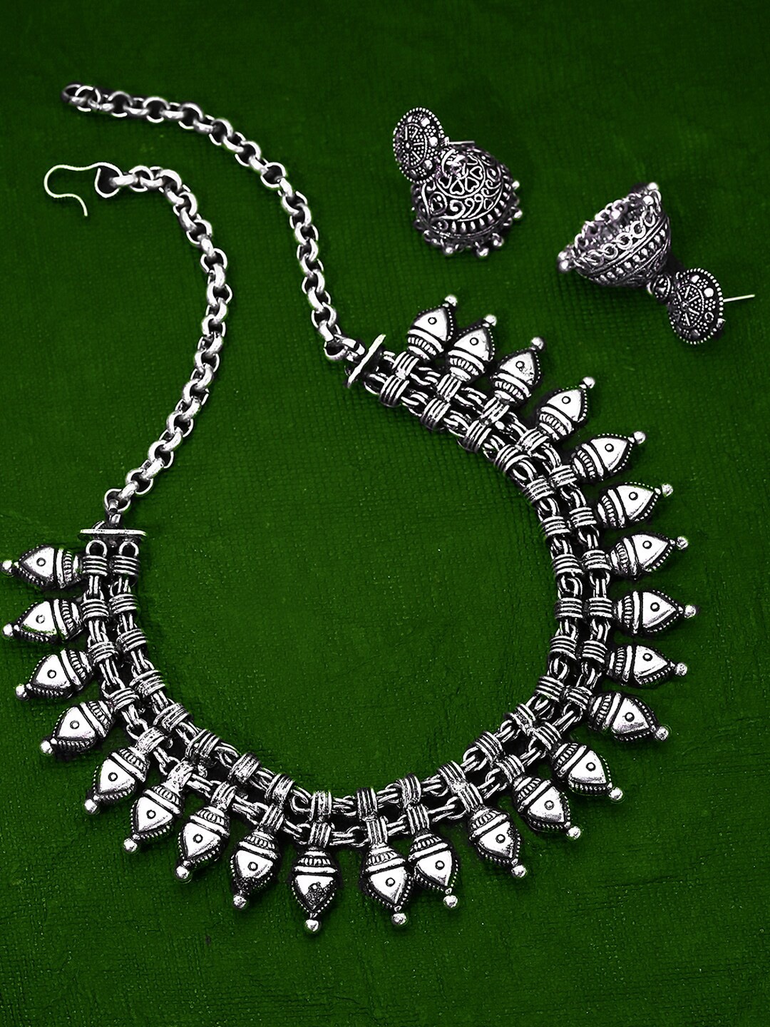 

Yellow Chimes Oxidised Silver-Plated Kolhapuri Work Jewellery Set