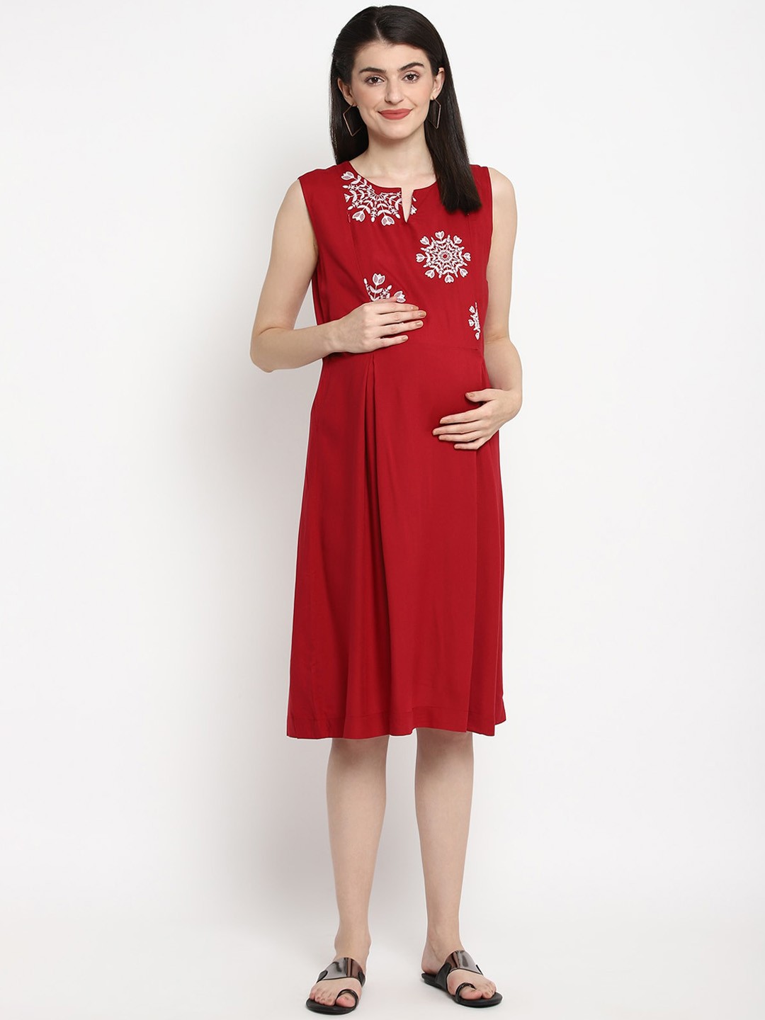

The Vanca Women Maroon Embroidered Maternity A-Line Dress