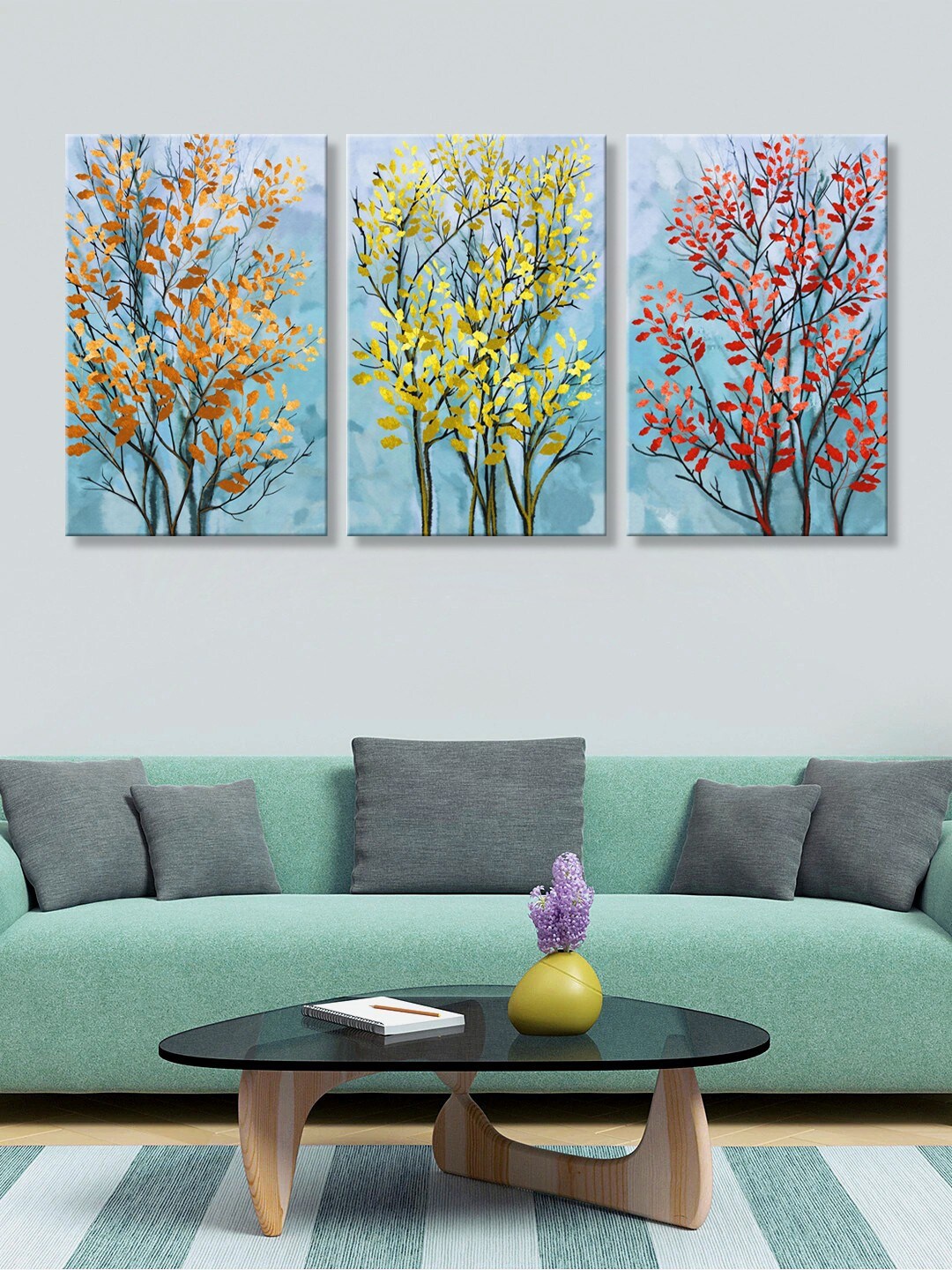 999Store Set of 3 Blue & Yellow Trees HD Canvas Wall Paintings