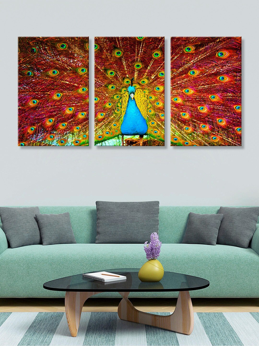 

999Store Set Of 3 Maroon & Blue Beautiful Peacock Displaying Canvas Wall Painting