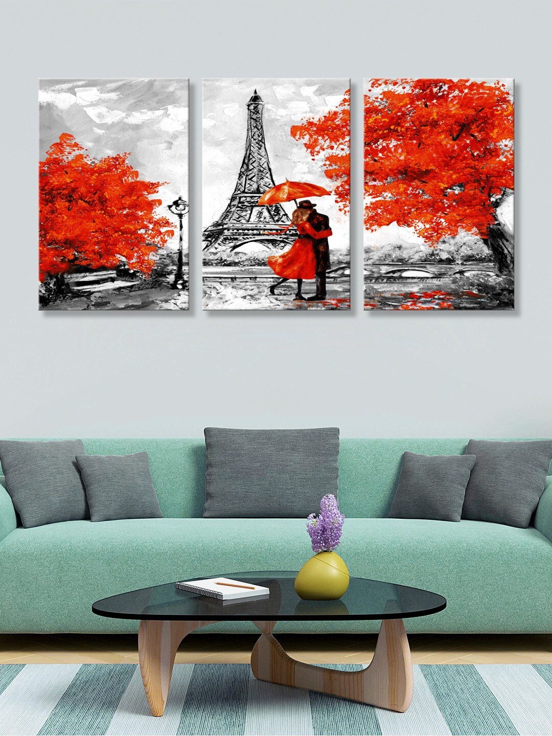 

999Store Set of 3 Red & Black Eiffel Tower with Love Couple Canvas Painting Wall Art