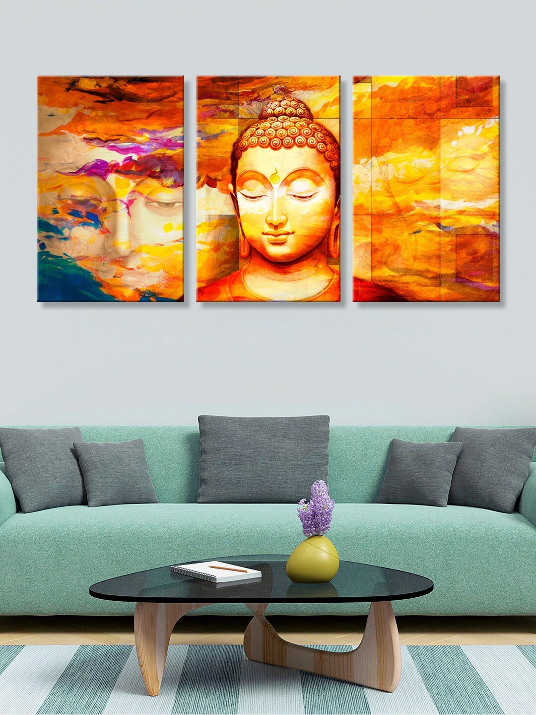 

999Store Set Of 3 Yellow & Orange Buddha Face Wall Painting