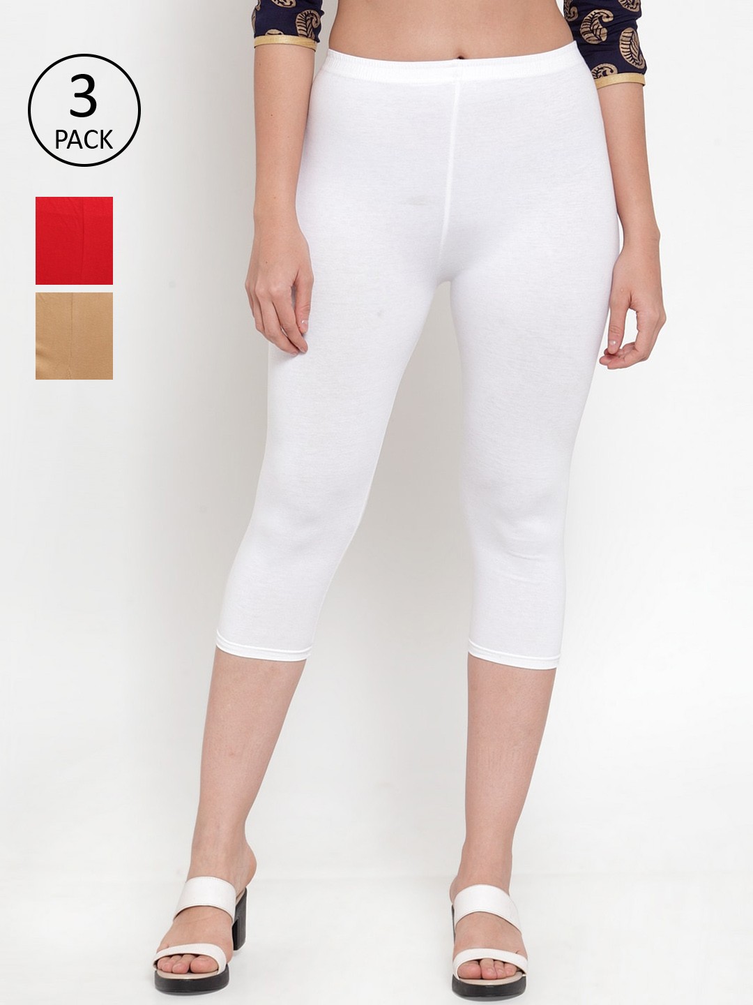 

GRACIT Women Pack Of 3 Solid Skinny Fit Capris, White