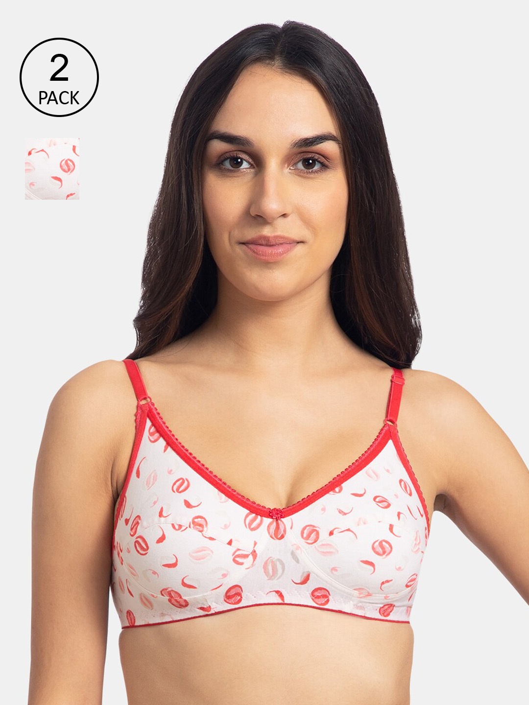 

KOMLI Pack Of 2 White & Red Printed Non-Wired Non Padded T-shirt Bras