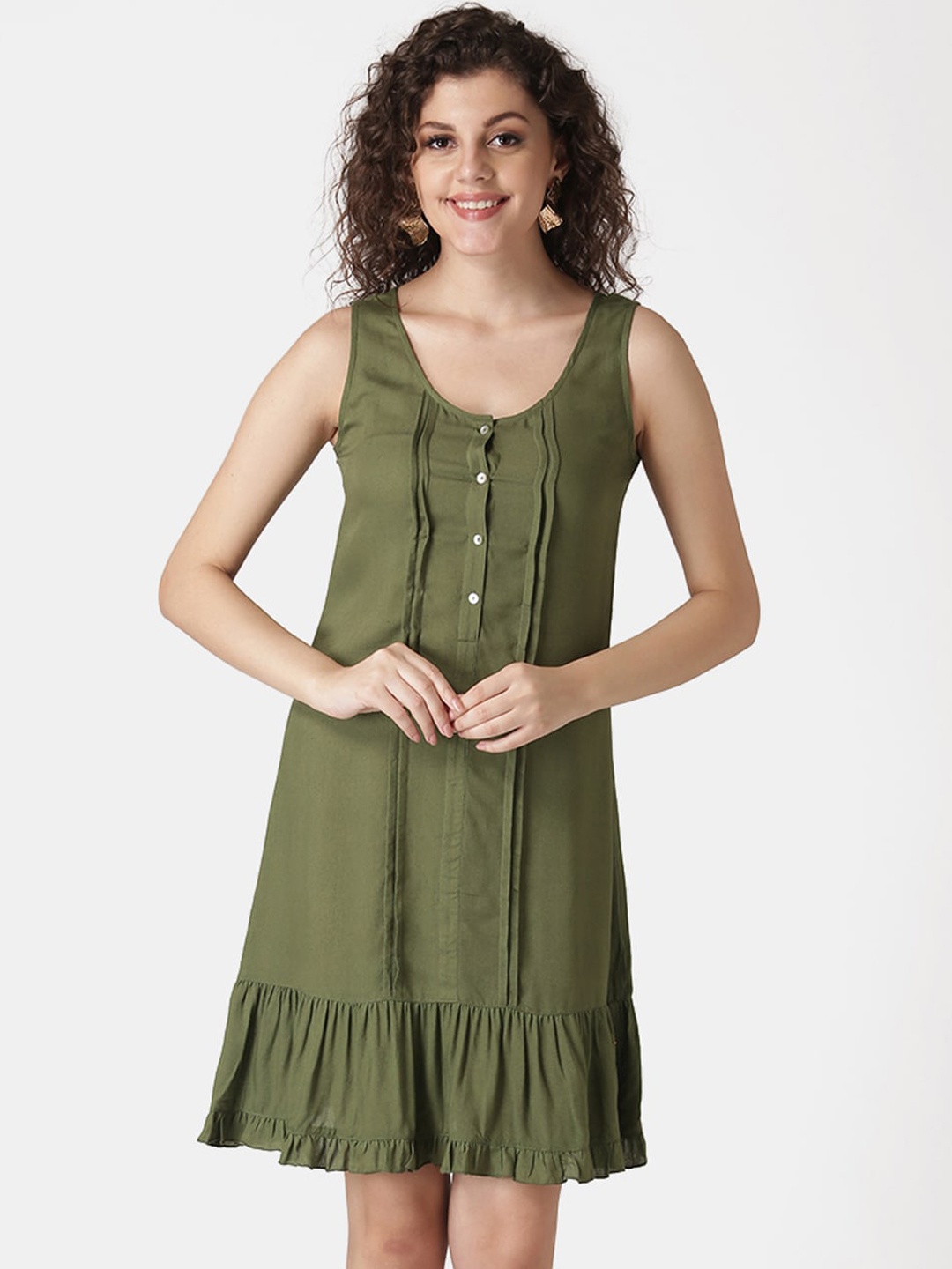 

DIVA WALK EXCLUSIVE Women Olive Green Solid A-Line Dress