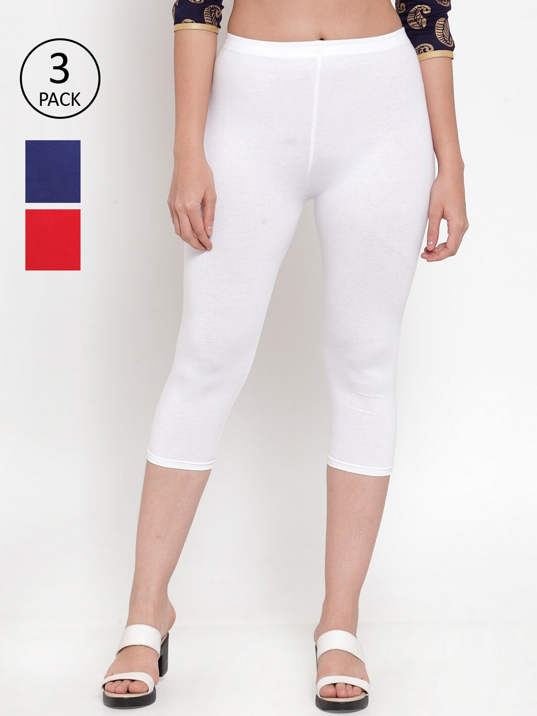 

GRACIT Women Pack of 3 Solid Slim Fit Capris, White