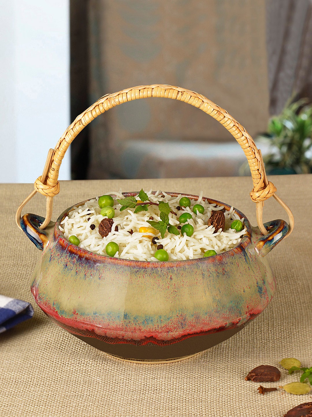 

StyleMyWay Multicoloured Ceramic Basket with Cane Handle Serveware, Multi