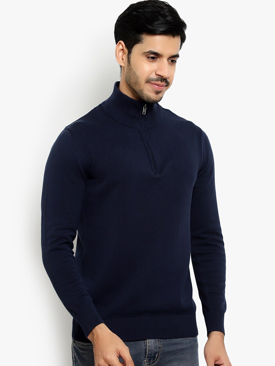 

ARMISTO Men Navy Blue Woolen Half Zip Sweater