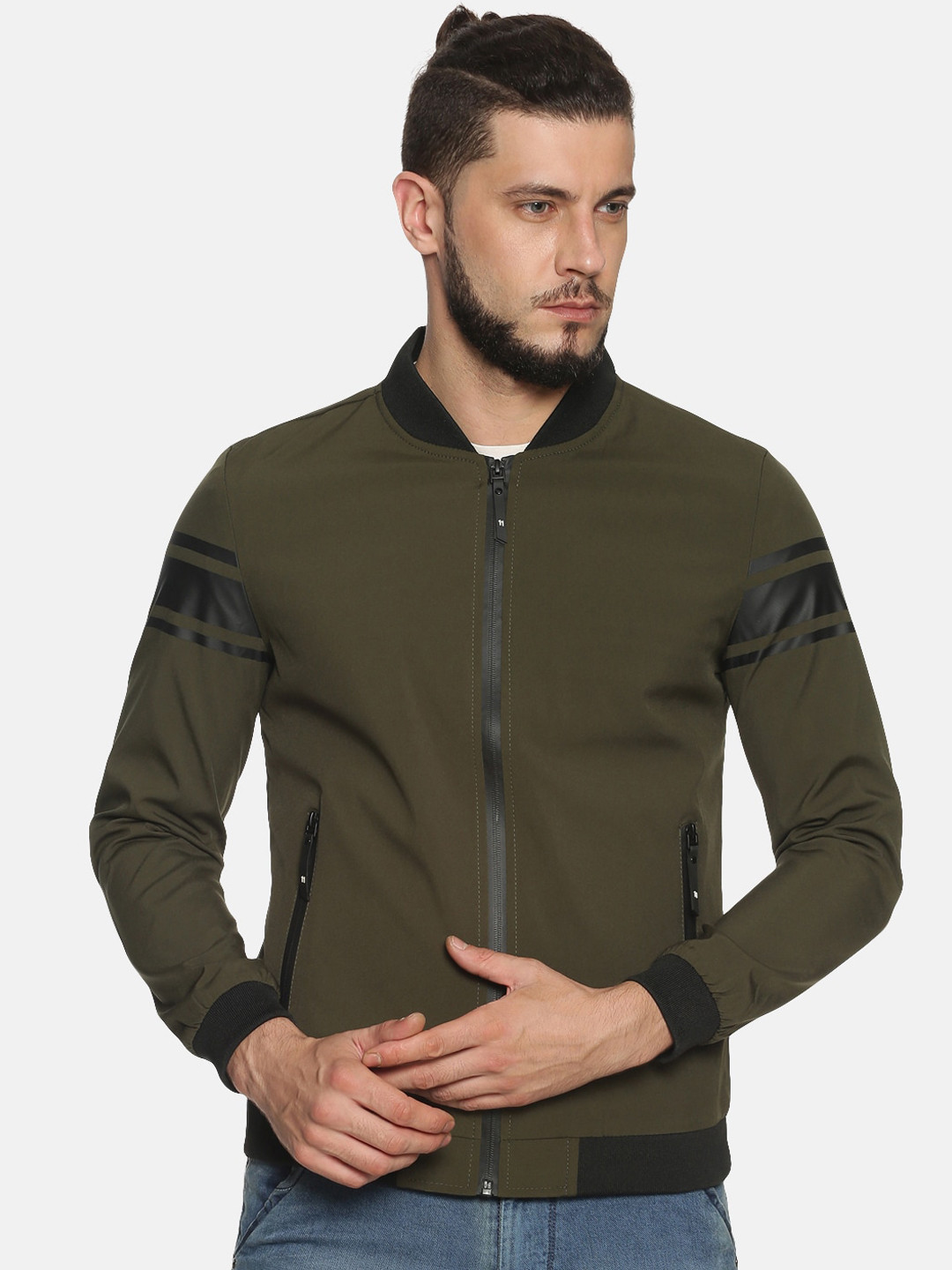 

SHOWOFF Men Olive Green Solid Bomber Jacket