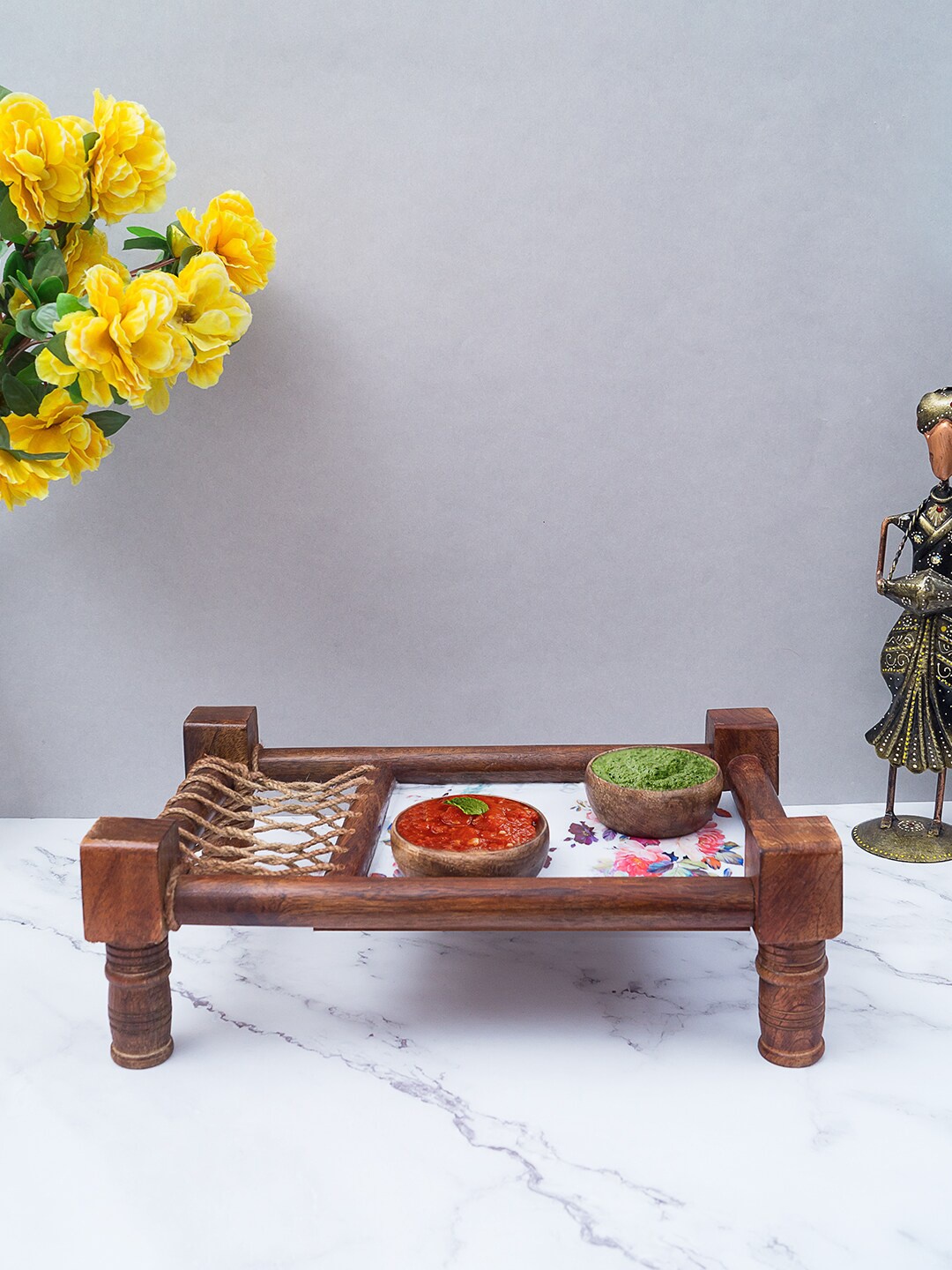 

Golden Peacock Brown Wooden Handmade Khaat Platter with Jute Thread Weaving