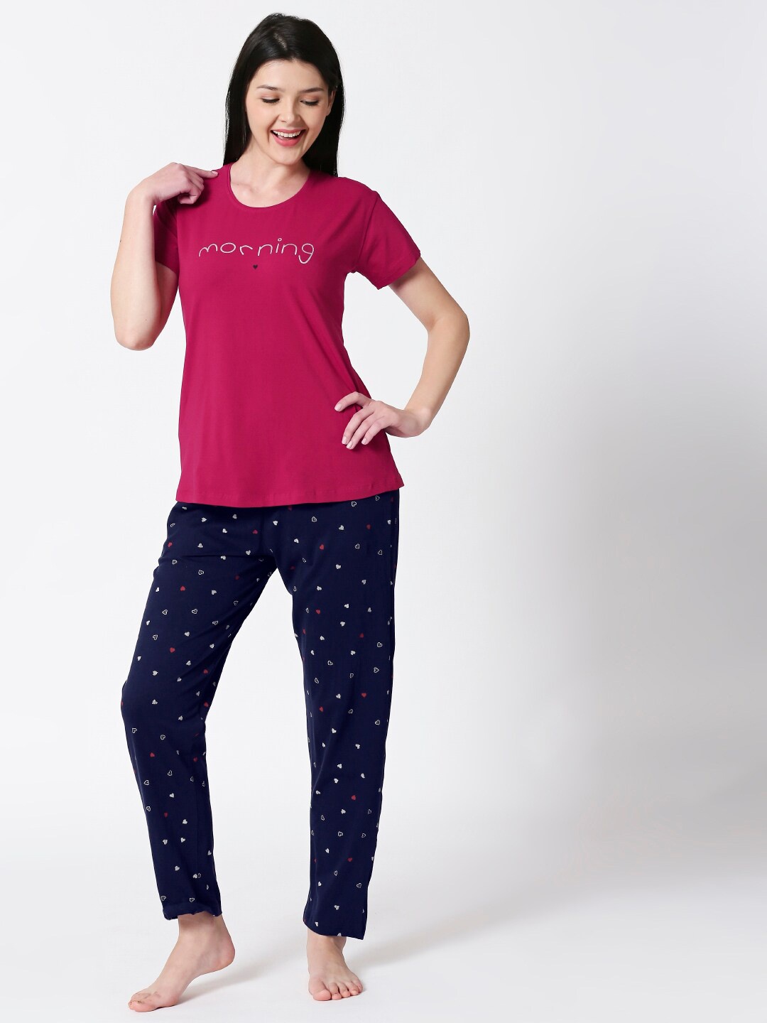 

I like me Women Pink & Navy Blue Printed Night suit