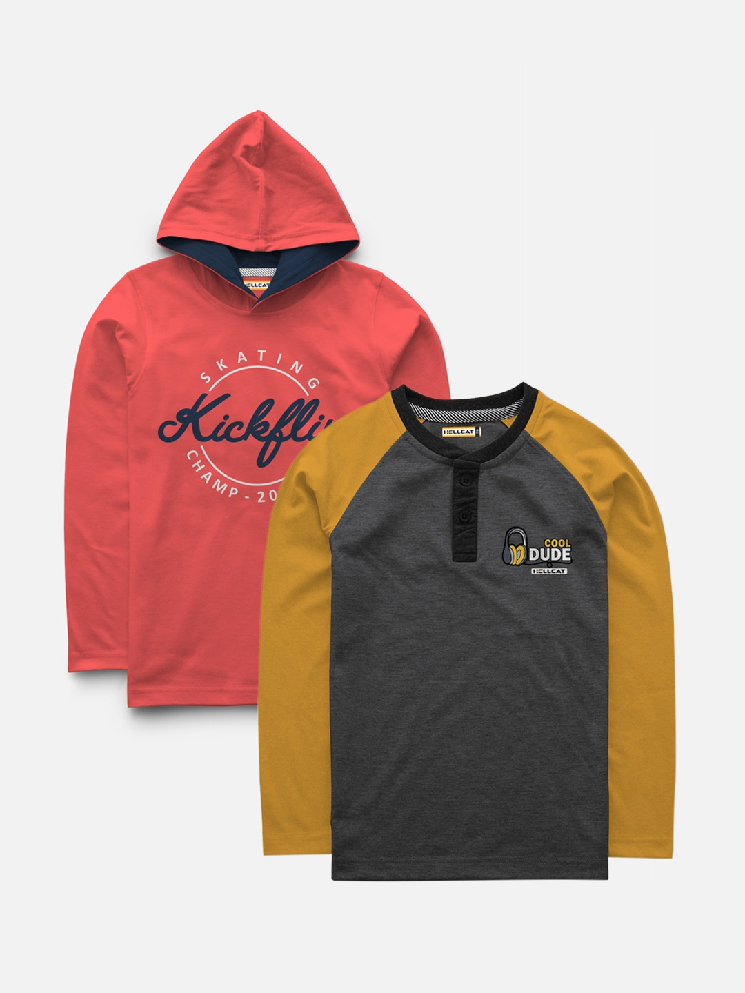 

HELLCAT Boys Pink & Charcoal Grey Pack of 2 Colourblocked Henley Neck T-shirt