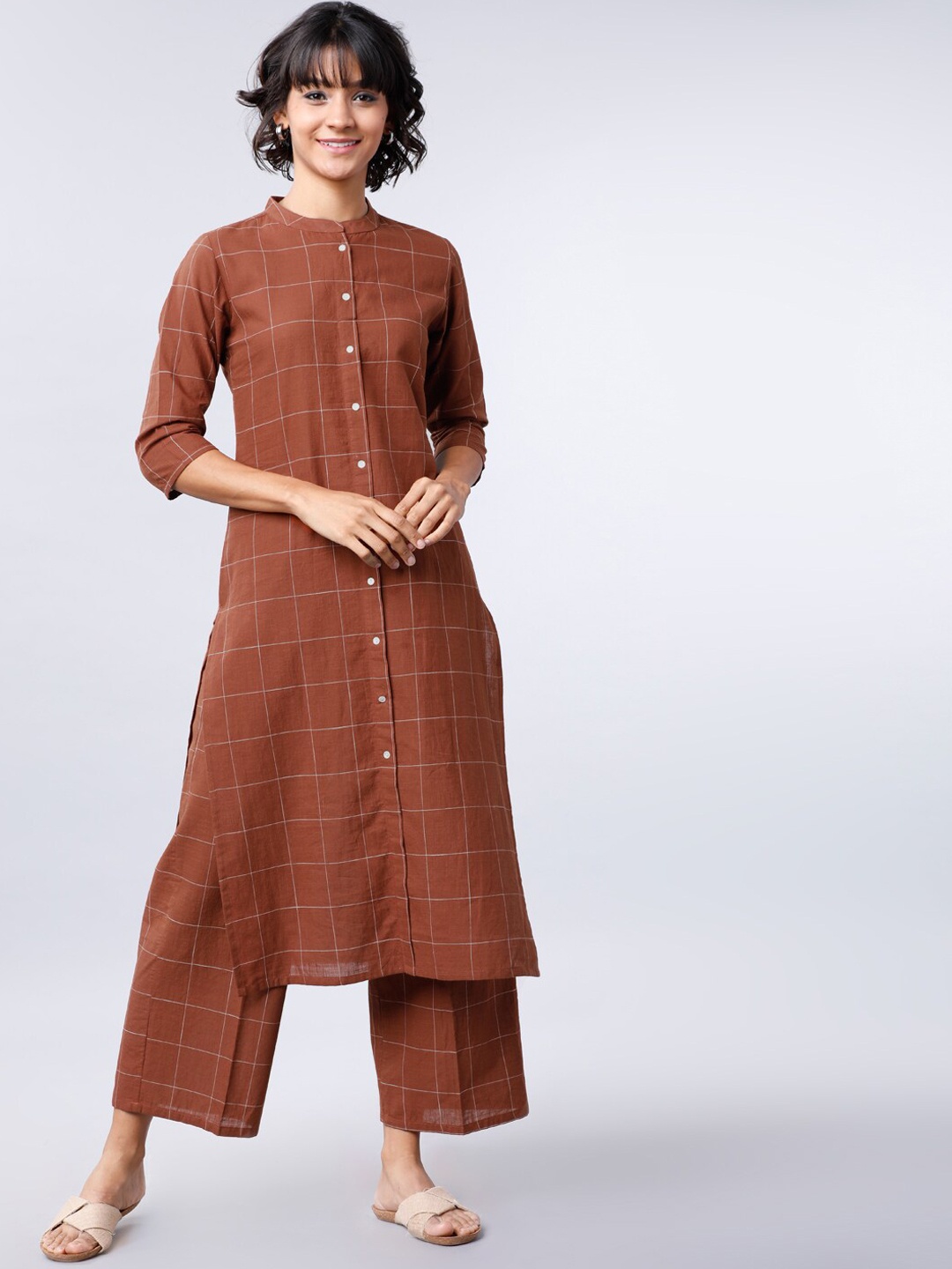 Vishudh Women Brown Checked A-Line Kurta