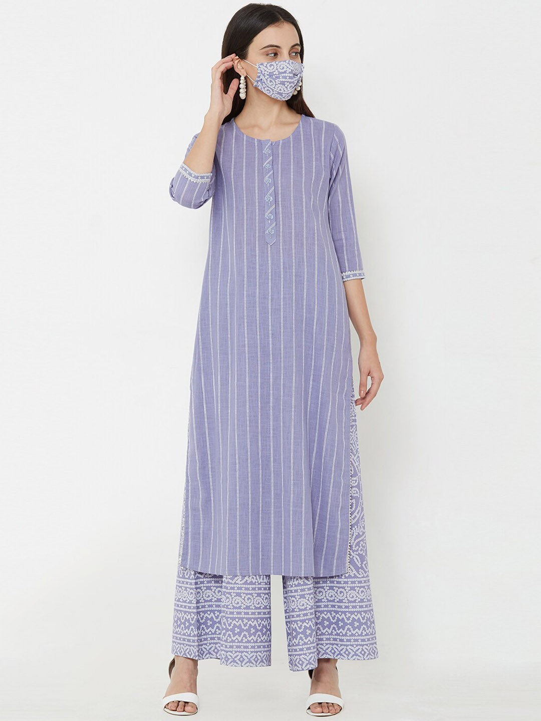 

FASHOR Women Blue & Grey Striped Kurta with Trousers