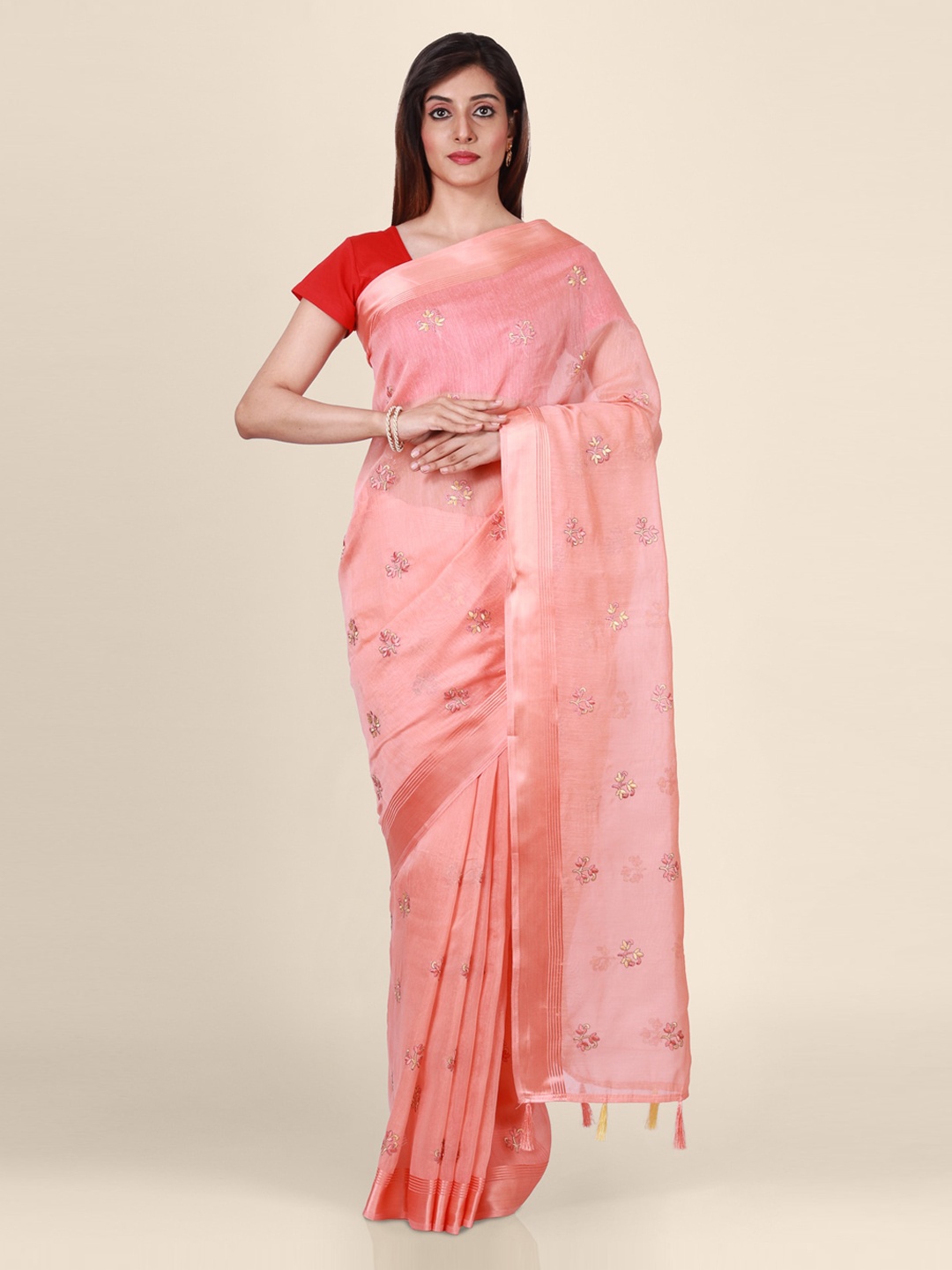 

CLAI WORLD Pink & Yellow Linen Blend Embroidered Handloom Saree