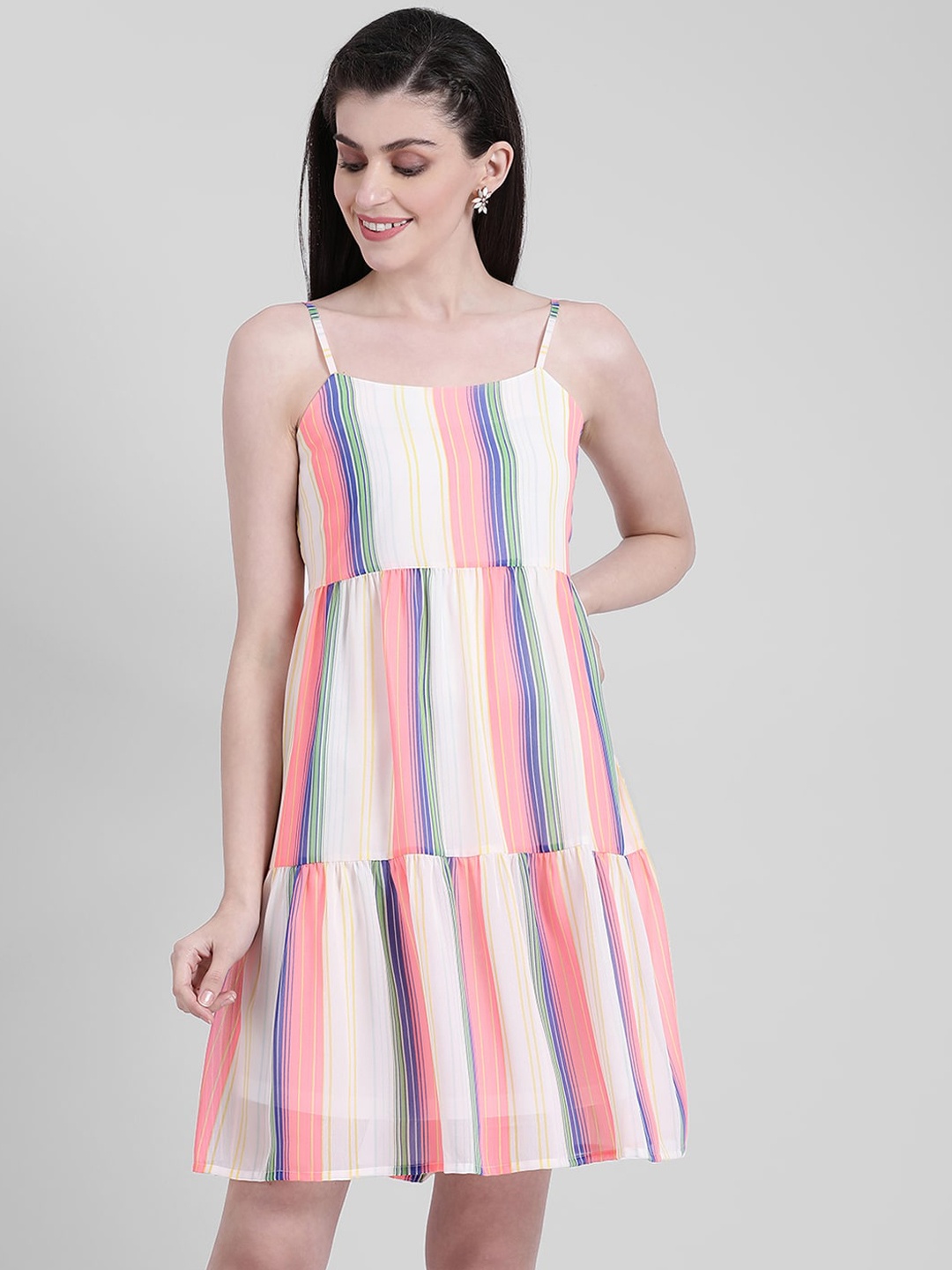Zink London Women Multicoloured Striped Shoulder Straps Sheath Dress, Multi