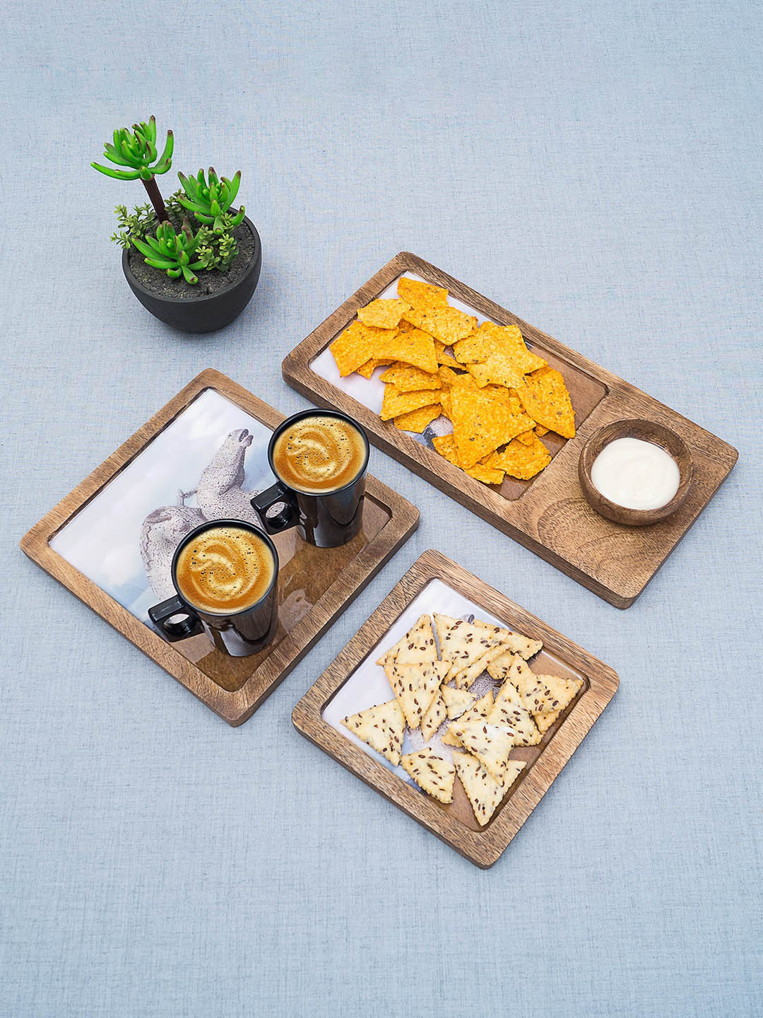 

Golden Peacock Set Of 3 Brown & Blue Printed Wooden Trays With Bowl