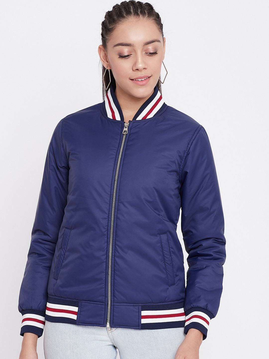 

Austin wood Women Navy Blue Striped Lightweight Bomber Jacket