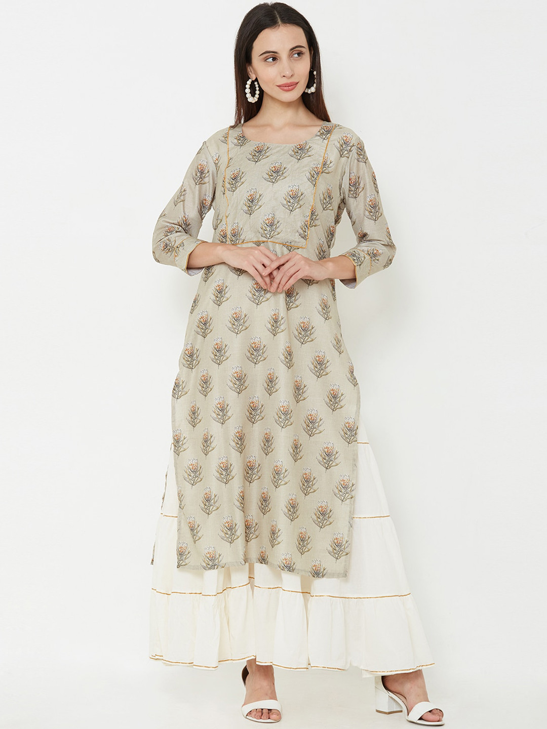 

FASHOR Women Grey Printed Straight Kurta