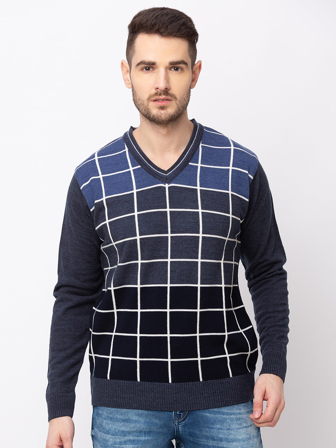 

Globus Men Navy Blue Checked Pullover Sweater