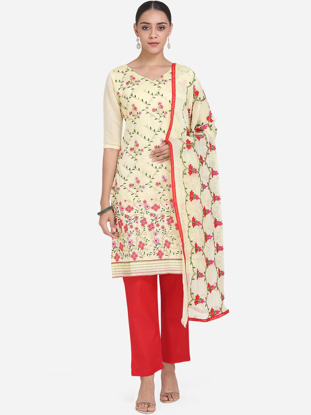 

Ethnic Junction Yellow & Red Cotton Blend Unstitched Dress Material
